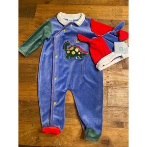 Little Me 9m Plush Dinosaur Outfit Footie Pajam Hat blue vintage baby boy girl